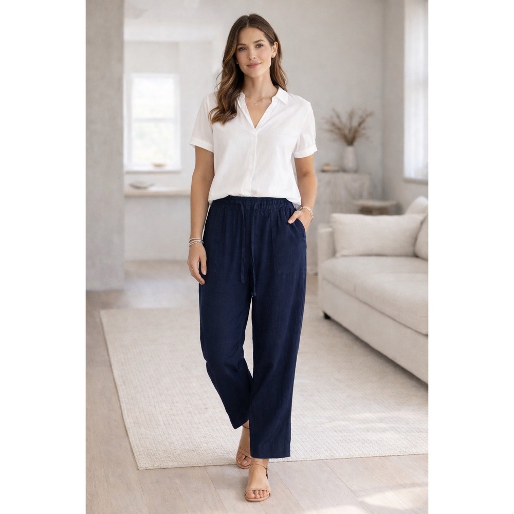 Sigrid Olsen 100% Linen Women's Navy Blue Drawstring Straight Leg Pants Large